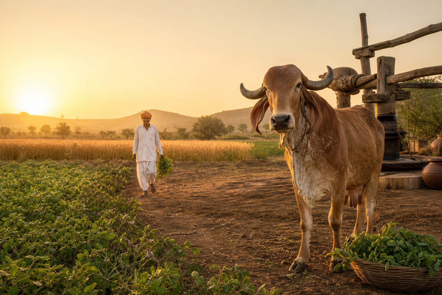 Kathiyawadi farm with a farmer, indigenous cow, crops and traditional wooden oil press